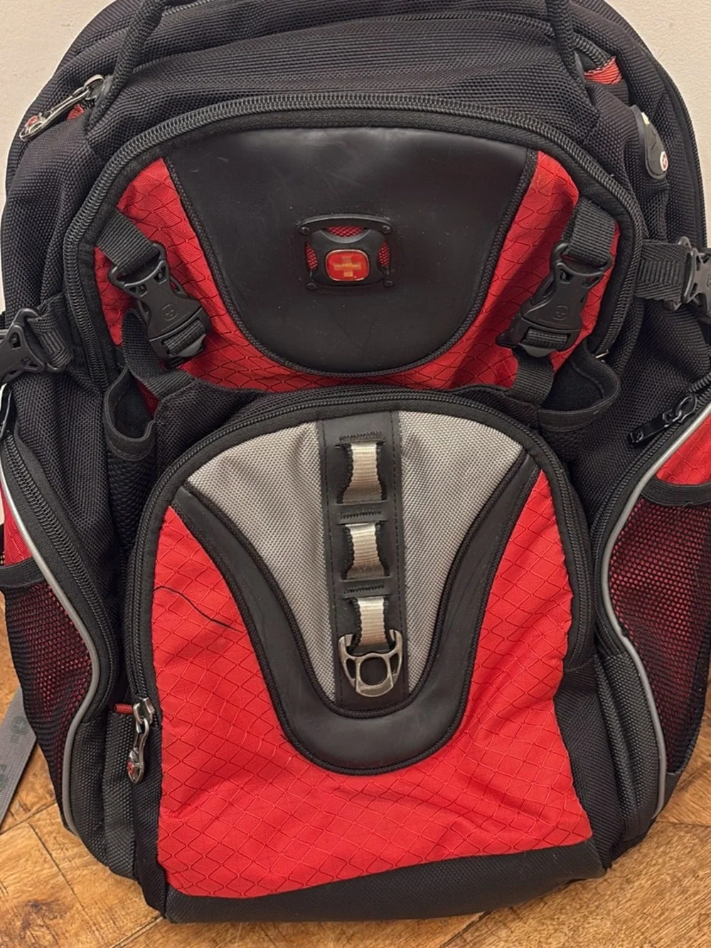 SwissGear Red and Black Backpack with Silver Accents